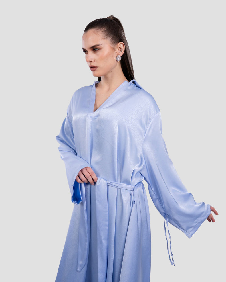 SATIN BELTED MAXI DRESS WITH WIDE SLEEVES