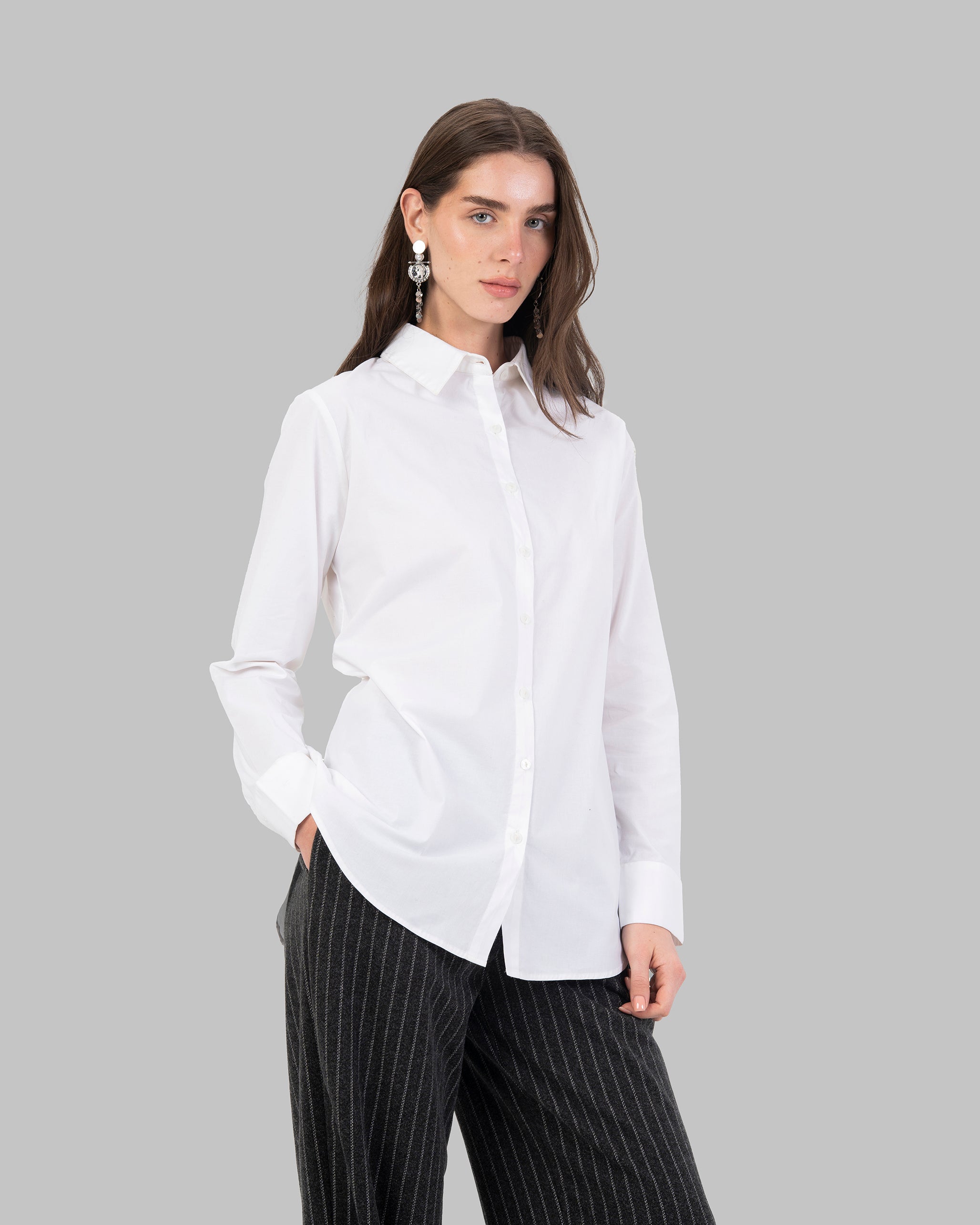 High-Waist Pinstripe Straight Trousers with Front Pleats.