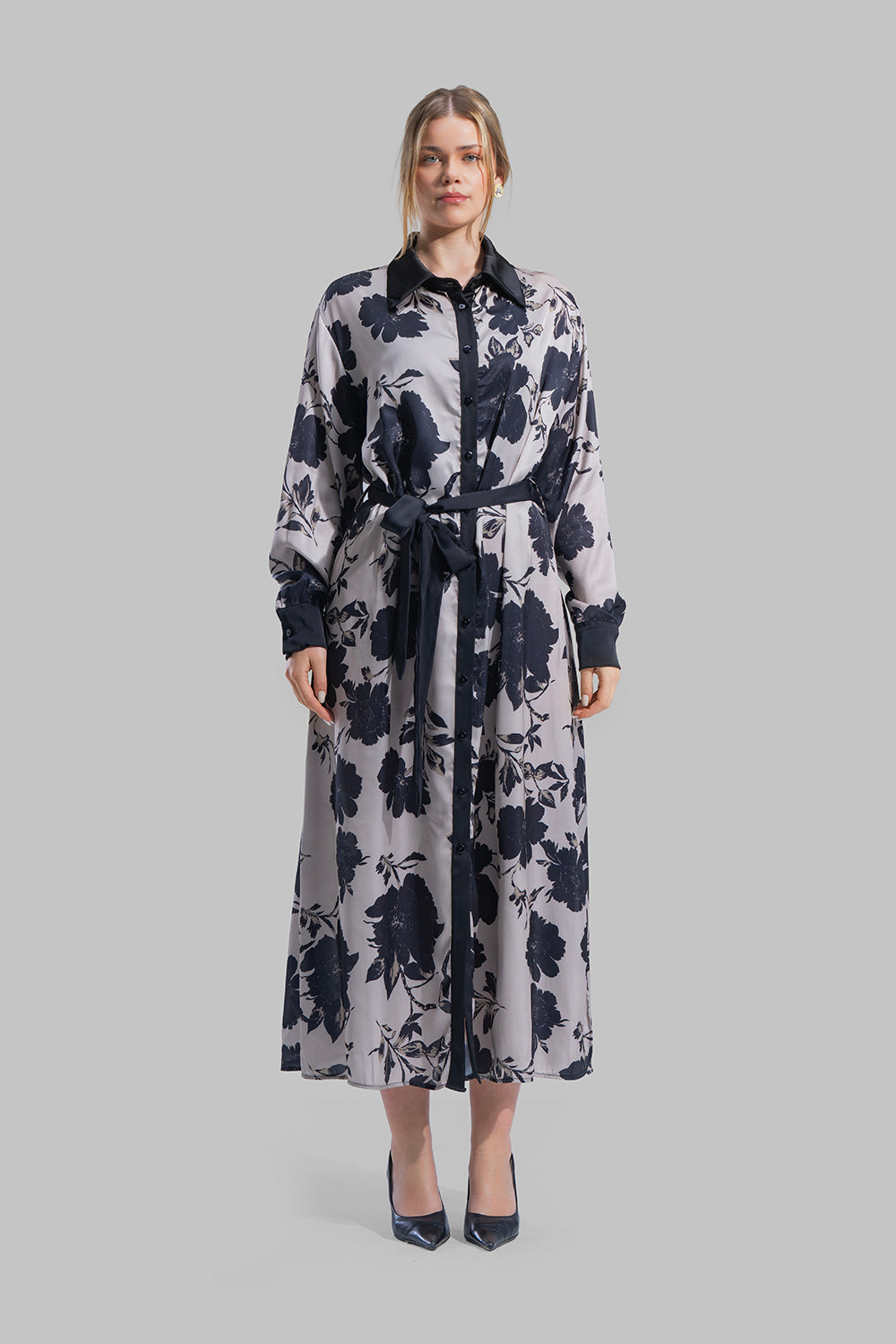 فستان قميص من الساتان المطبوع