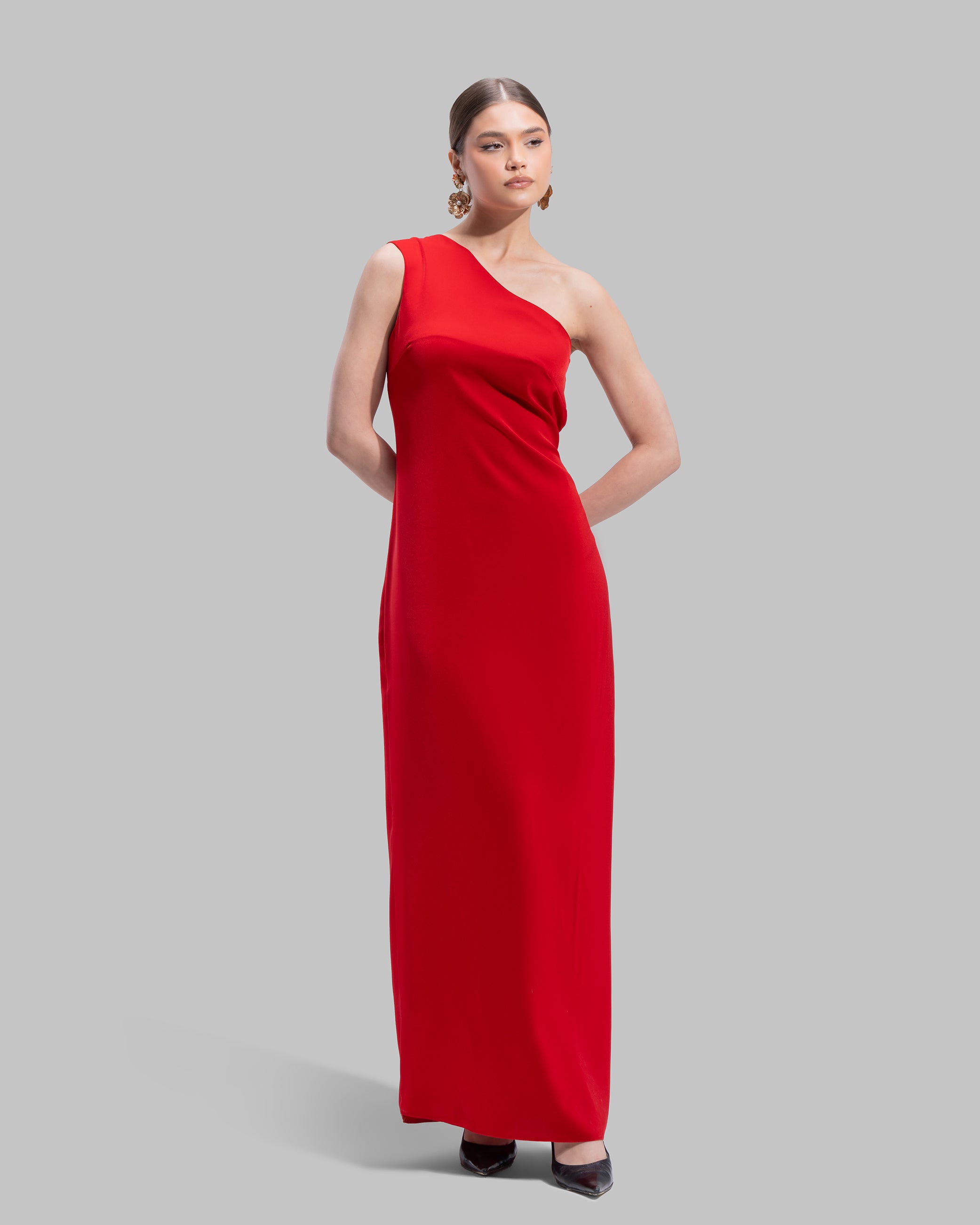 Draped asymmetrical neckline satin maxi dress with a fluid oversized silhouette.
