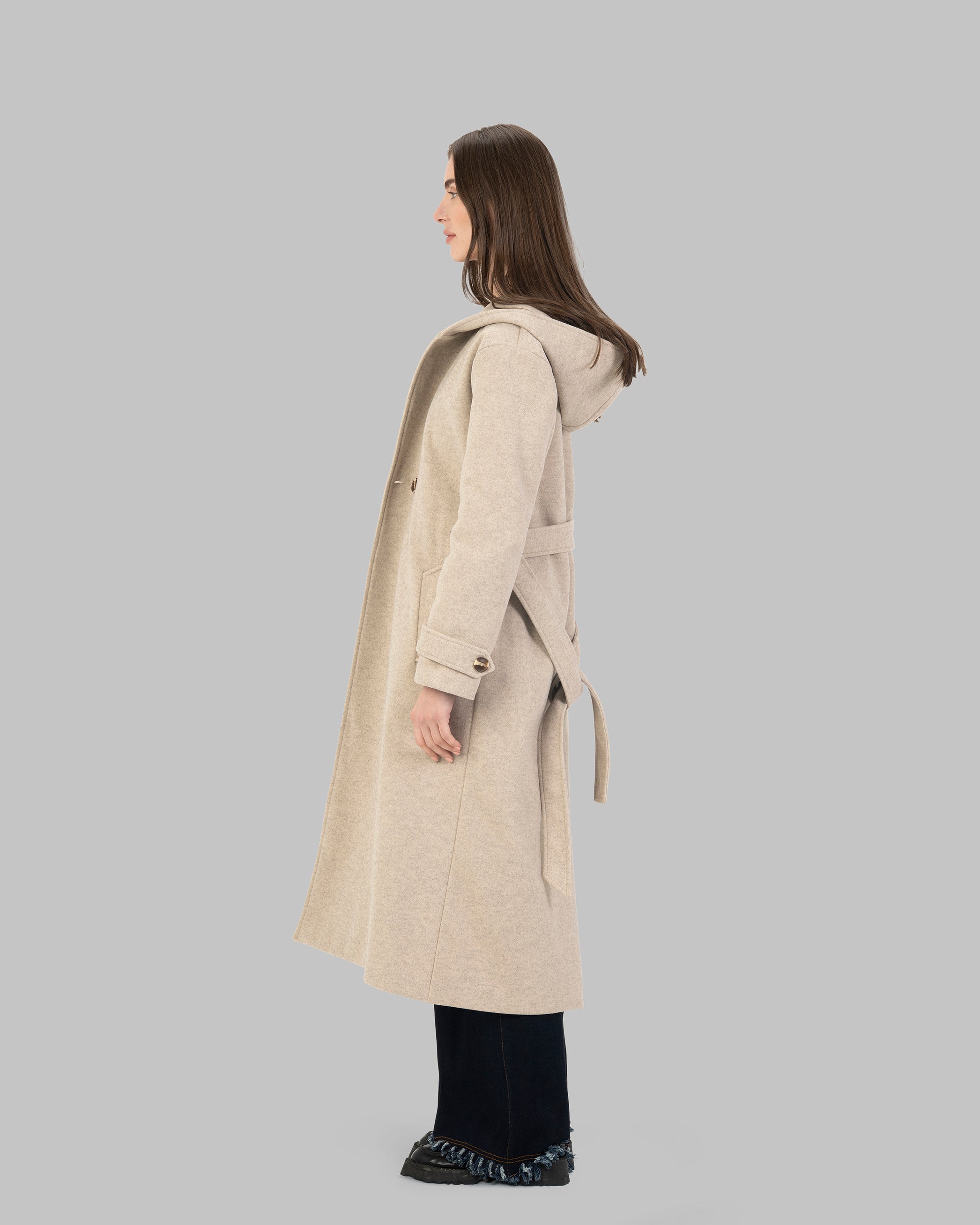 Long hooded coat in light beige with a belt waist