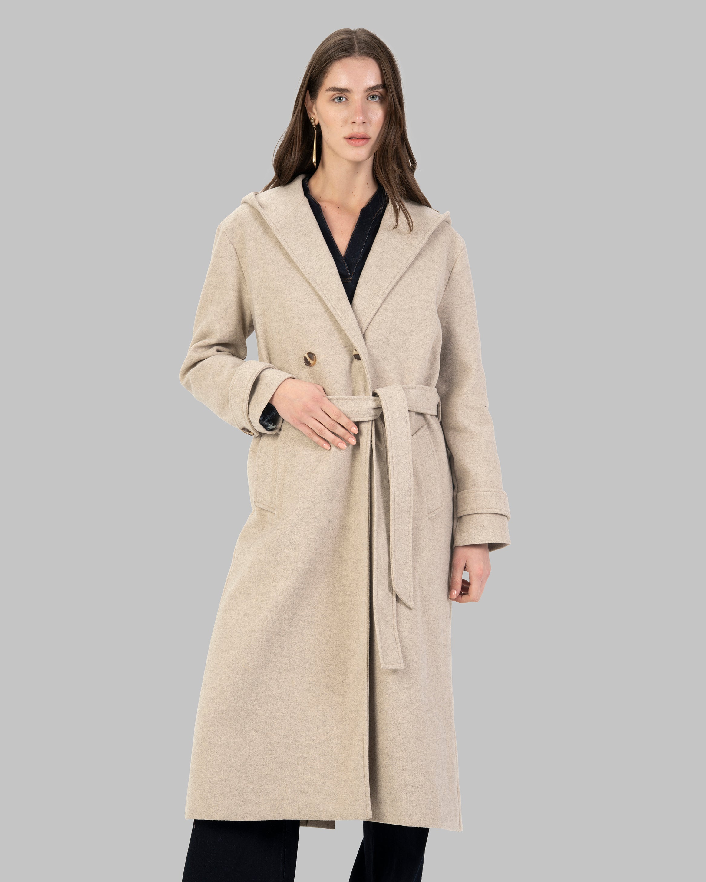 Long hooded coat in light beige with a belt waist