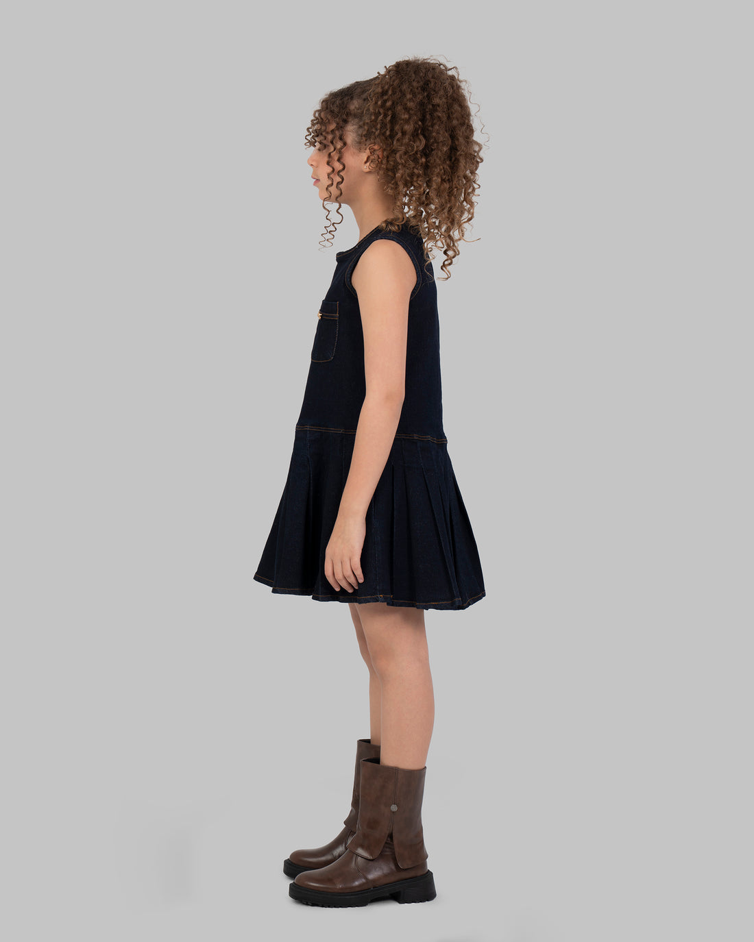 Denim Pleated Dress, Sleeveless mini dress in a dark wash denim.