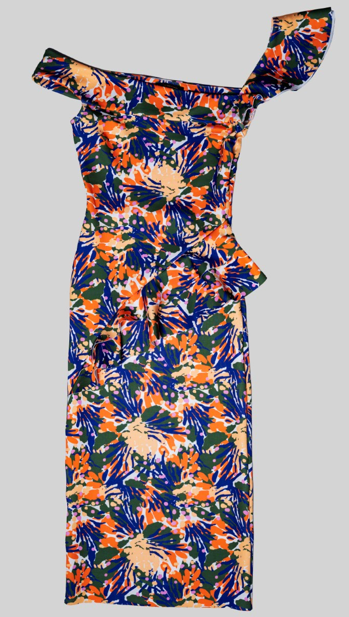 midi dress printed with square neck. asymmetric hem with ruffles