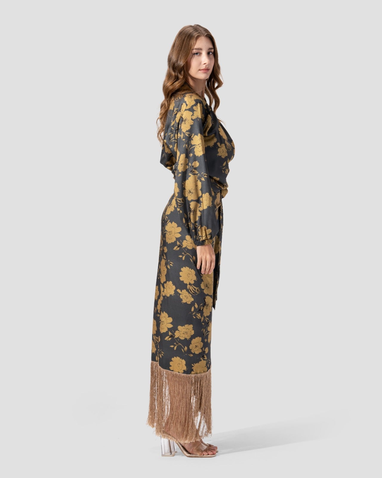 PRINTED WRAP SKIRT WITH FRINGED HEM