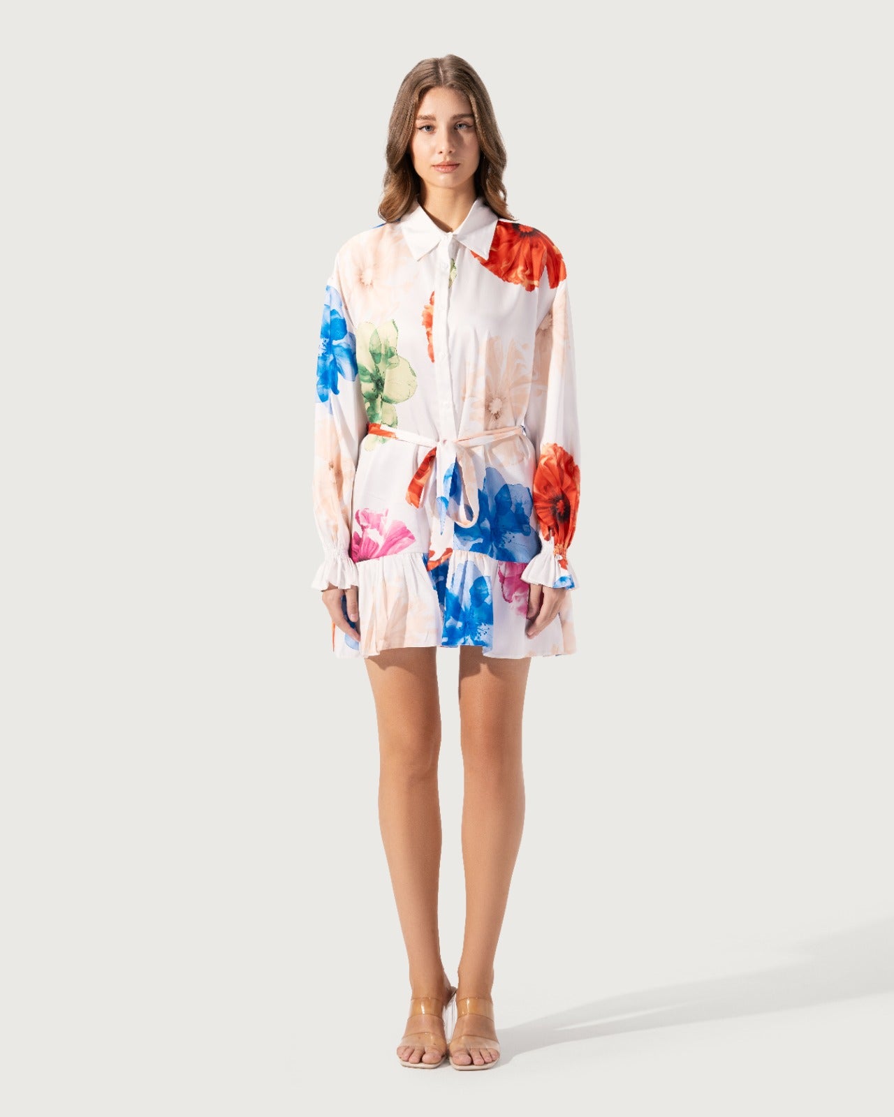 Shirt dress with a floral watercolor print.