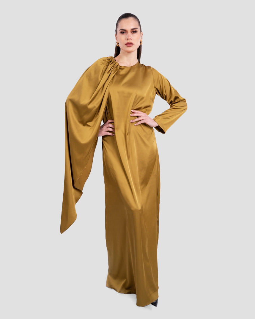 DRAPED SATIN MAXI DRESS WITH CAPE SLEEVE