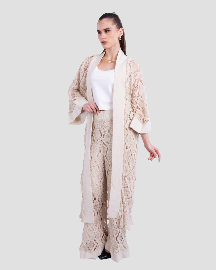 OPEN-KNIT LONG KIMONO WITH WIDE SLEEVES