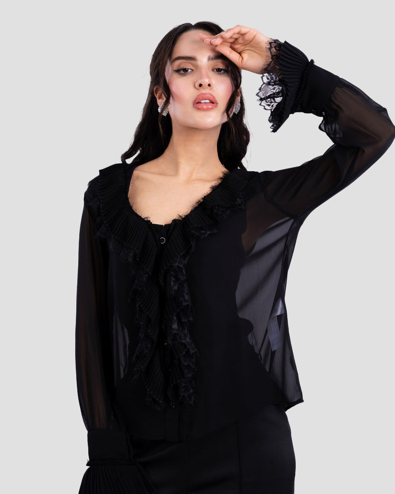SHEER BLOUSE WITH RUFFLED TRIM