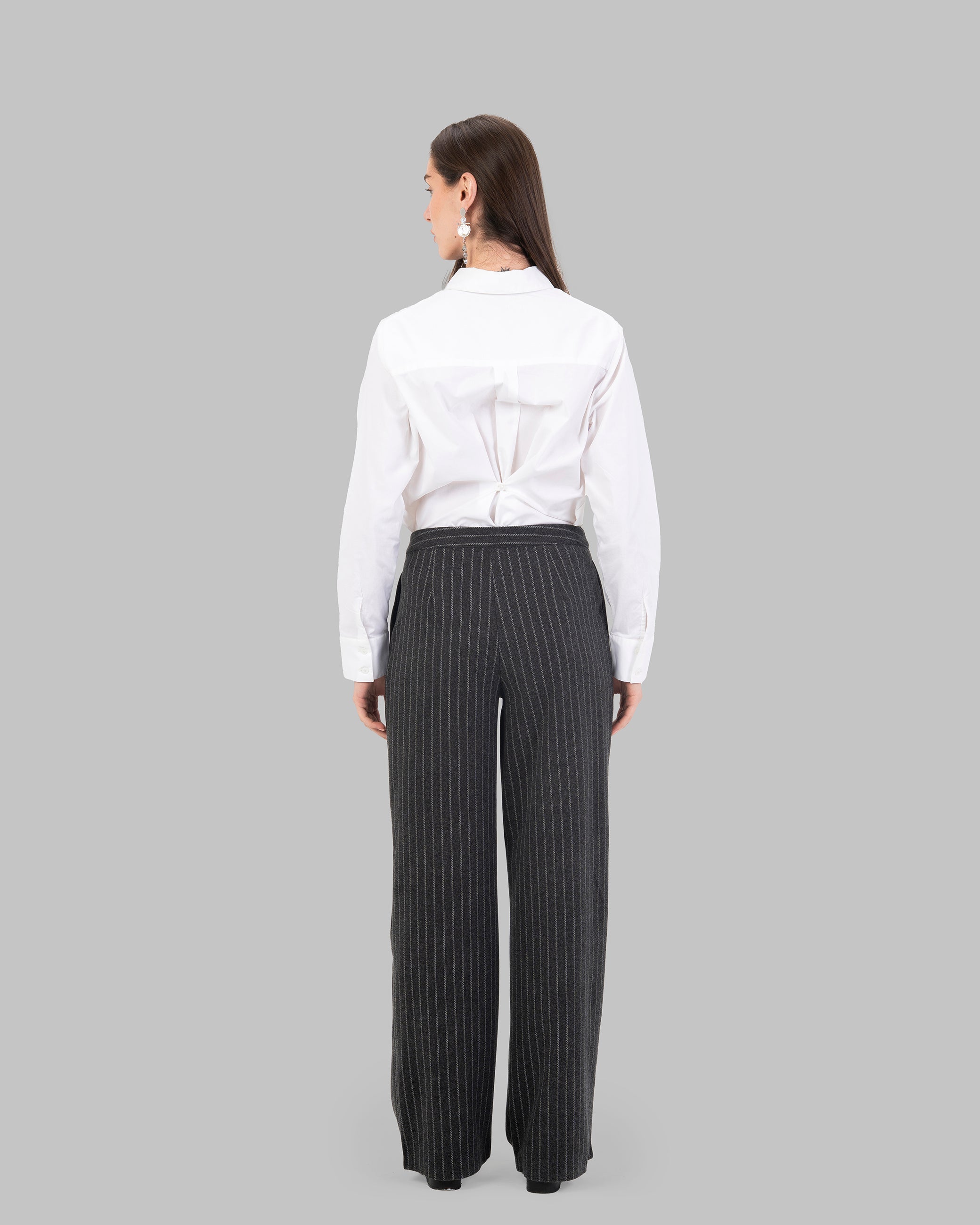 High-Waist Pinstripe Straight  Trousers with Front Pleats.
