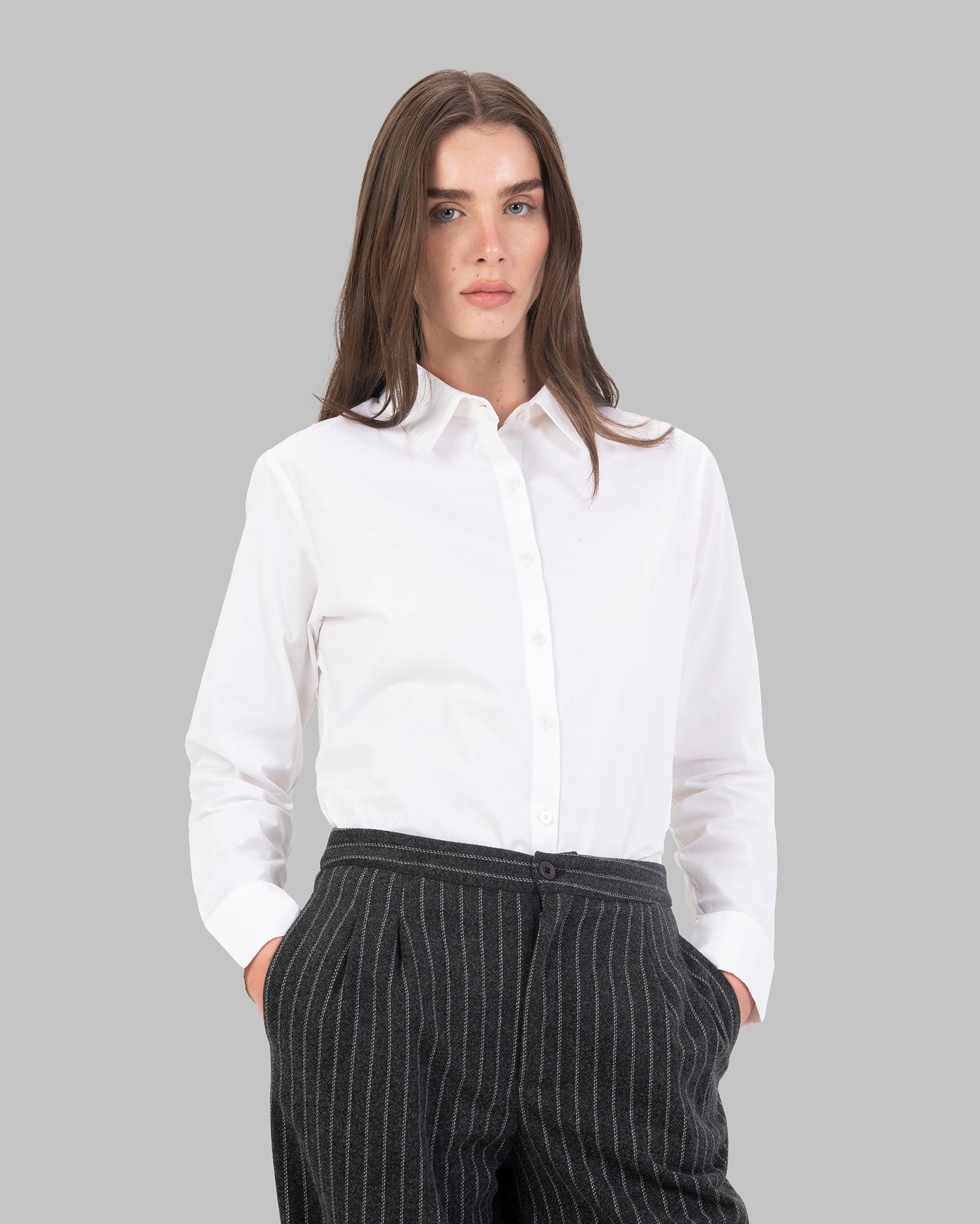 High-Waist Pinstripe Straight  Trousers with Front Pleats.