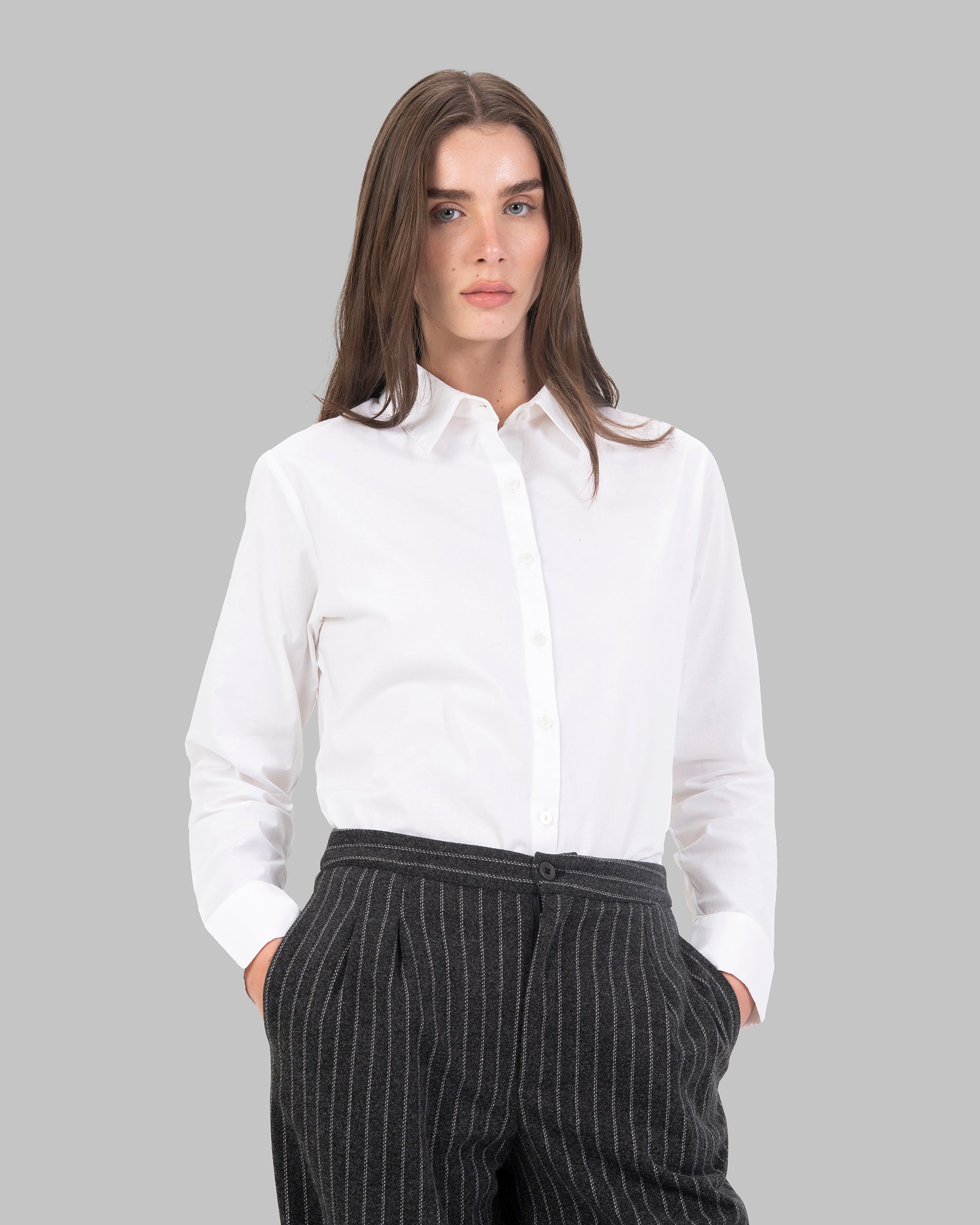 High-Waist Pinstripe Straight  Trousers with Front Pleats.