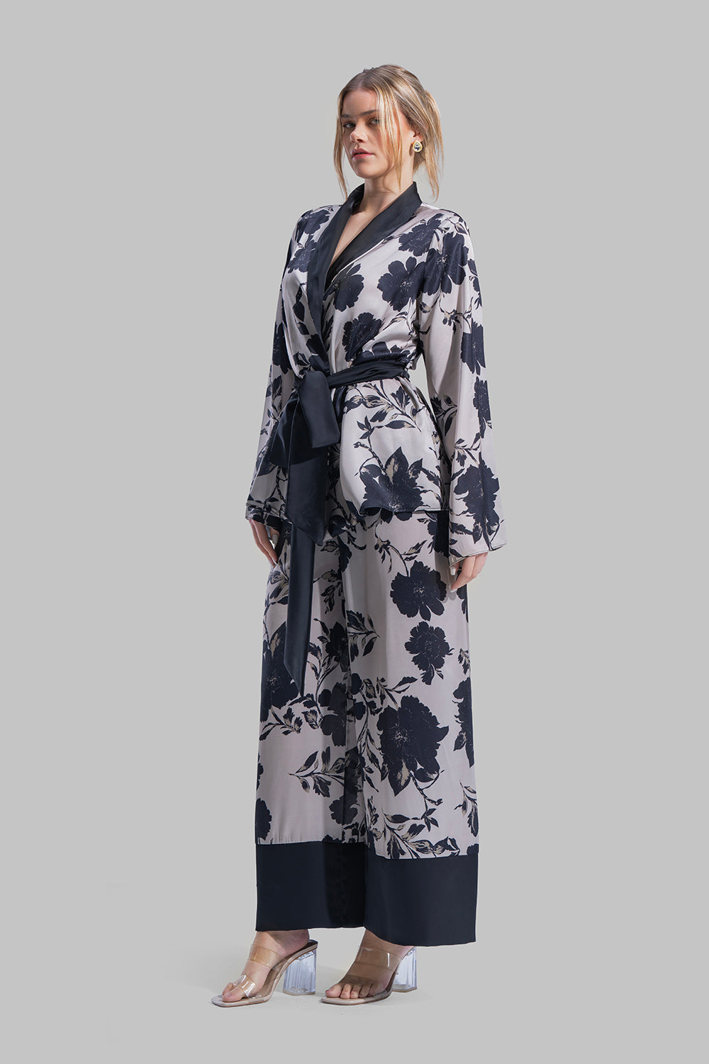 Floral Print Satin-Finish Blazer A flowing