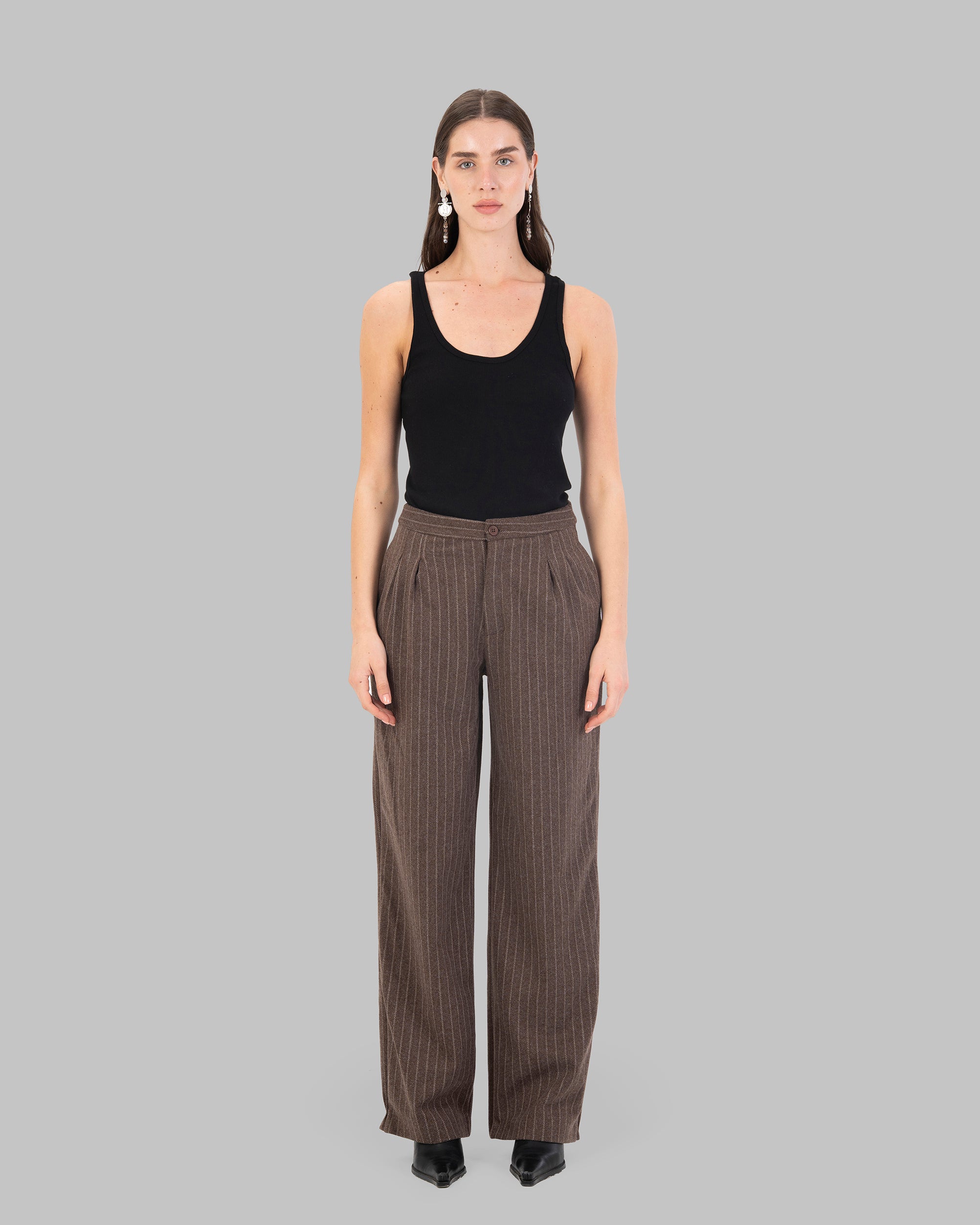 High-Waist Pinstripe Straight  Trousers with Front Pleats.