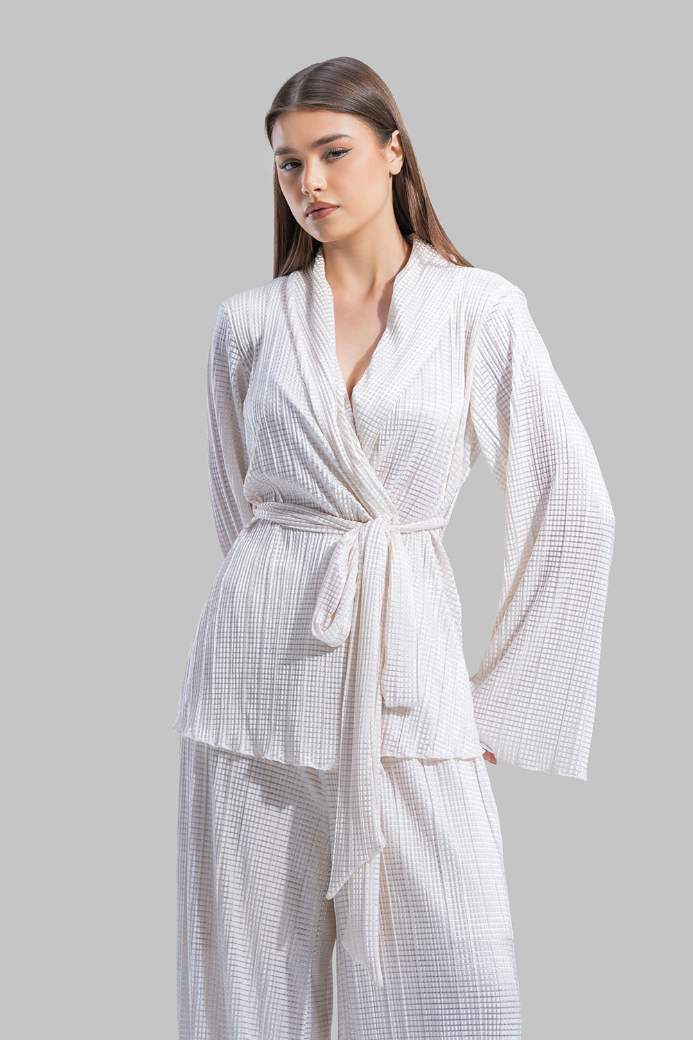 V-neck wrap Cardigan with long sleeves.