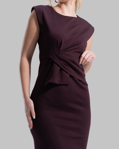 Sleeveless midi dress featuring a round neckline and front draped knot detail.