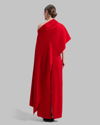 Draped asymmetrical neckline satin maxi dress with a fluid oversized silhouette.