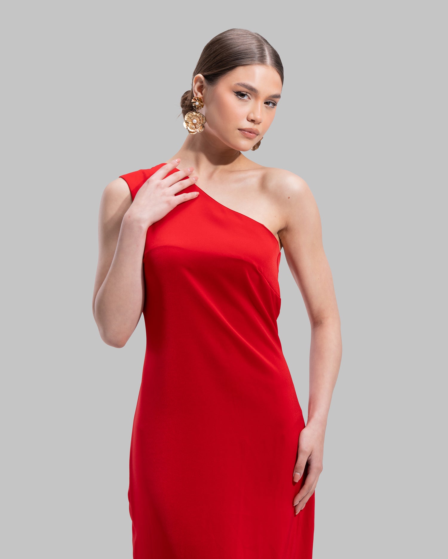 Draped asymmetrical neckline satin maxi dress with a fluid oversized silhouette.