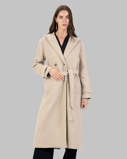 Long hooded coat in light beige with a belt waist