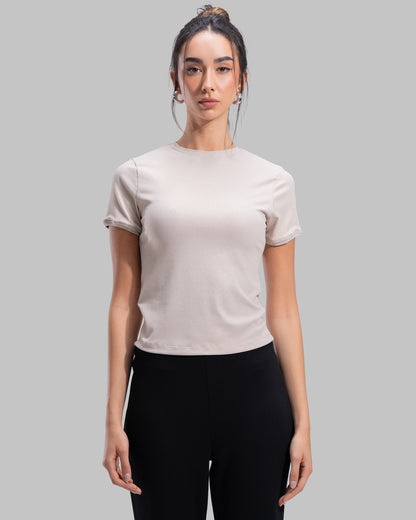Short sleeve ribbed top with a shimmering metallic finish and round neck.