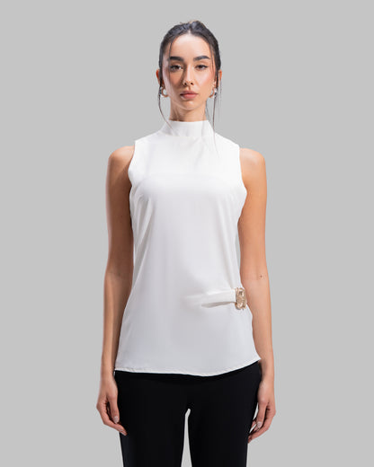 Sleeveless high-neck top with gathered detail and a metallic side buckle.
