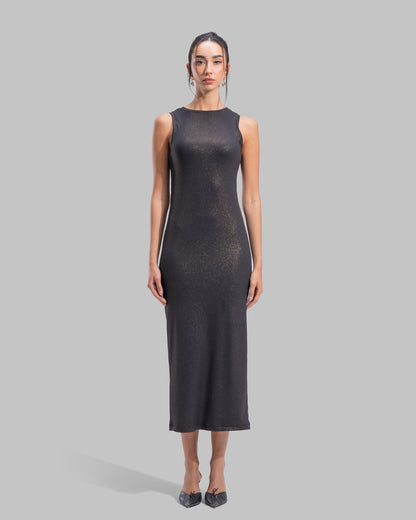 Sleeveless ribbed maxi dress with a round neckline and a tight-fit silhouette.
