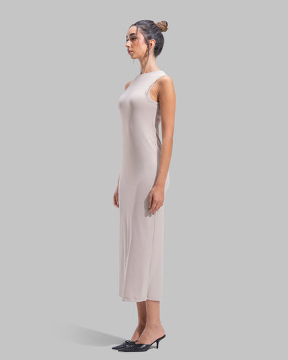 Sleeveless ribbed maxi dress with a round neckline and a tight-fit silhouette.