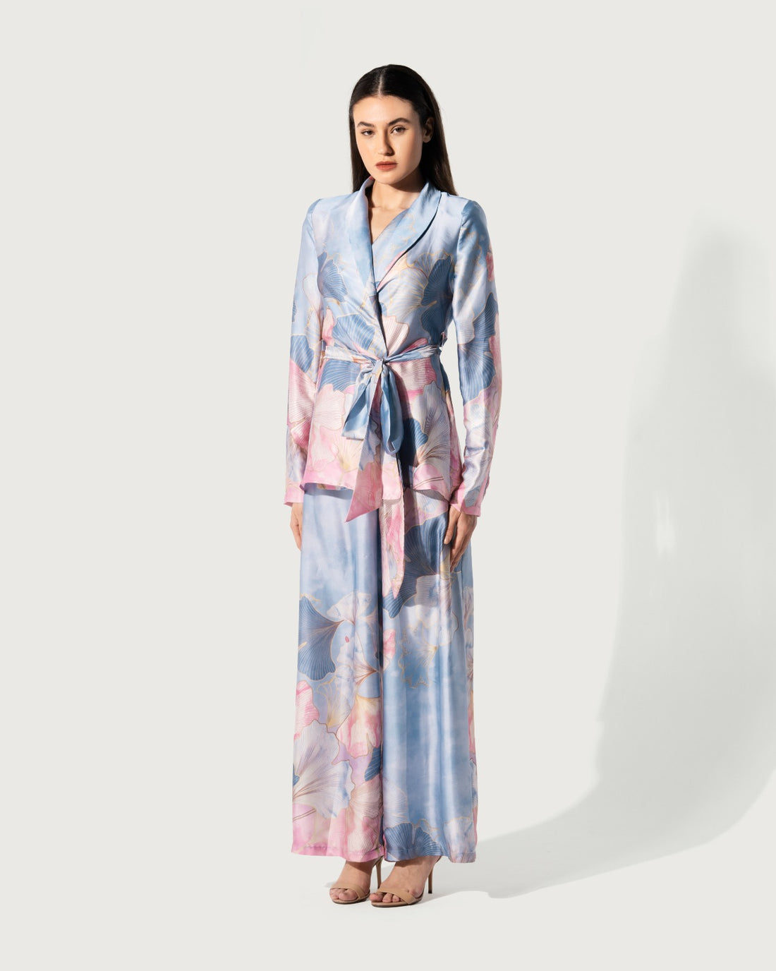 SATIN FLOWERS BLAZER WITH BELT